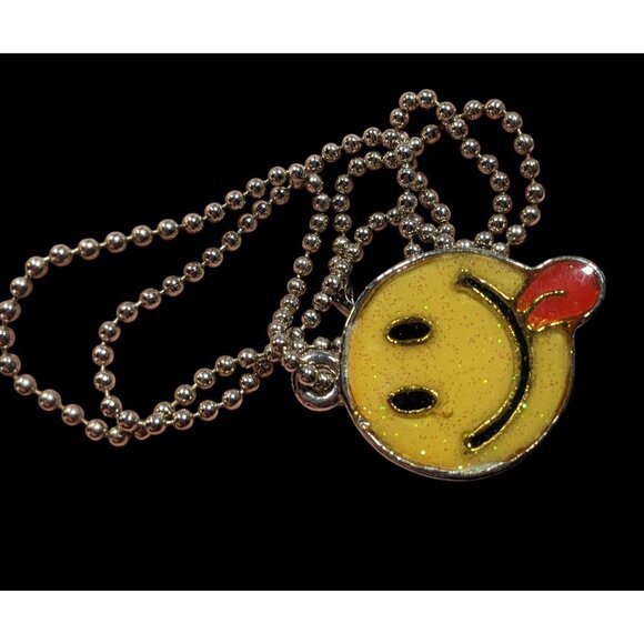 Vintage 90s Glitter Silly Face Enamel Pendant Necklace - Picture 3 of 6